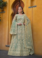 Delicate Looking Wedding Wear Gown in Sea Green Colour